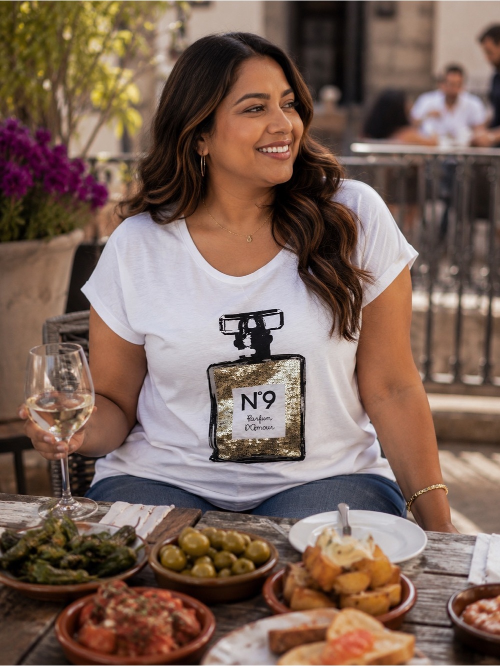 Revolution White Short-Sleeve Tee with Gold Perfume Bottle Graphic
